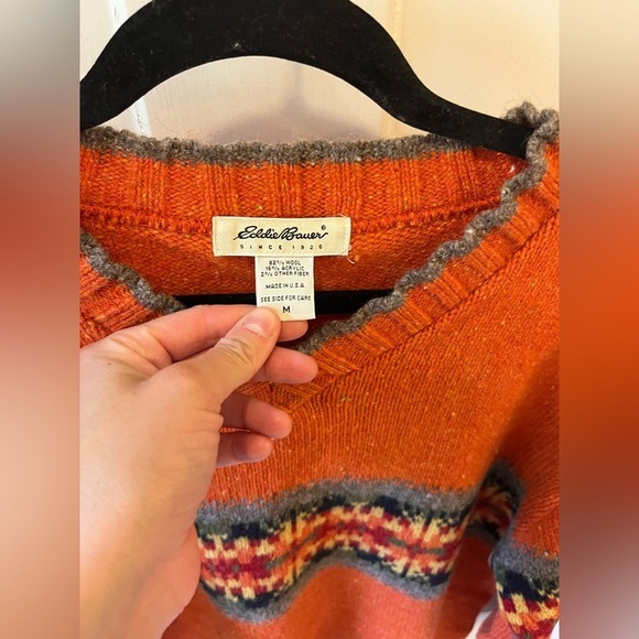 Vintage Eddie Bauer Wool Blend Fall Orange Sweater V-neck Medium - Picture 2 of 7